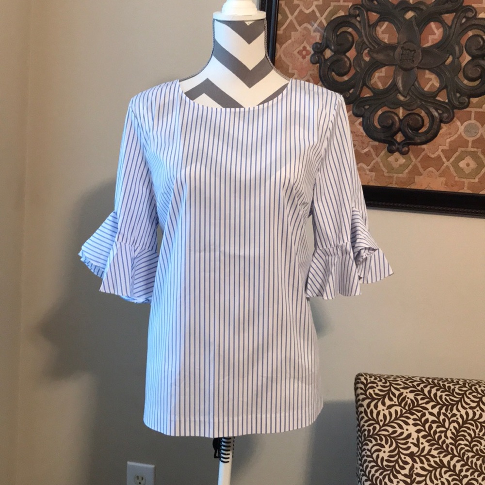 NWT Calvin Klein Striped Ruffle Sleeve Blouse
